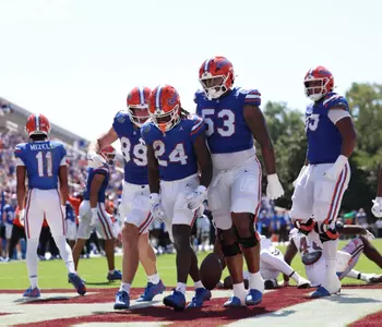 during the Gators' game against the Mississippi State Bulldogs on Saturday, September 21, 2024 at Davis Wade Stadium in Starkville, Miss. / UAA Communications photo by Nicole Scharff