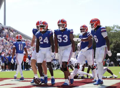 during the Gators' game against the Mississippi State Bulldogs on Saturday, September 21, 2024 at Davis Wade Stadium in Starkville, Miss. / UAA Communications photo by Nicole Scharff