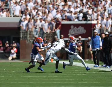 during the Gators' game against the Mississippi State Bulldogs on Saturday, September 21, 2024 at Davis Wade Stadium in Starkville, Miss. / UAA Communications photo by Nicole Scharff