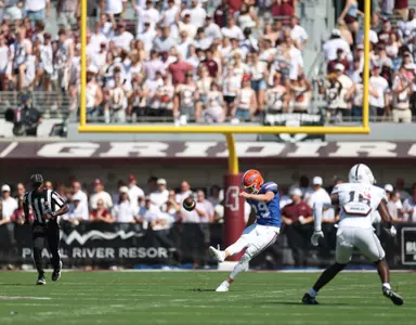 during the Gators' game against the Mississippi State Bulldogs on Saturday, September 21, 2024 at Davis Wade Stadium in Starkville, Miss. / UAA Communications photo by Nicole Scharff