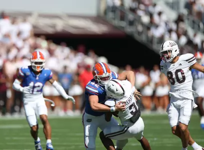 during the Gators' game against the Mississippi State Bulldogs on Saturday, September 21, 2024 at Davis Wade Stadium in Starkville, Miss. / UAA Communications photo by Nicole Scharff