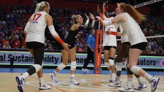 during the Gators' match against the Alabama Crimson Tide on Sunday, November 10, 2024 at Exactech Arena at the Stephen C. O'Connell Center in Gainesville, Fla. / UAA Communications photo by Nicole Scharff