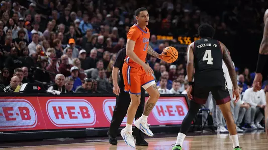 Riley Kugel during the Gators' game against the Texas A&M Aggies on Saturday, February 3, 2024 at Reed Arena in College Station, TX / UAA Communications photo by Maddie Washburn