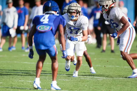 during the Gators' practice on Tuesday, March 26, 2024 at the Sanders football practice fields in Gainesville, FL / UAA Communications photo by Mallory Peak