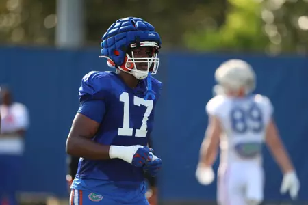 during the Gators' practice on Tuesday, March 26, 2024 at the Sanders football practice fields in Gainesville, FL / UAA Communications photo by Mallory Peak