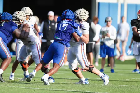 during the Gators' practice on Tuesday, March 26, 2024 at the Sanders football practice fields in Gainesville, FL / UAA Communications photo by Mallory Peak