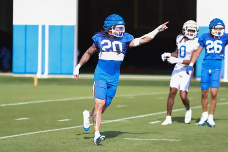 during the Gators' practice on Tuesday, March 26, 2024 at the Sanders football practice fields in Gainesville, FL / UAA Communications photo by Mallory Peak