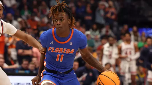 Denzel Aberdeen during the Gators' game against the Auburn Tigers in the champtionships game of the SEC Tournament on Sunday, March 17, 2024 at Bridgestone Arena in Nashville, TN / UAA Communications photo by Maddie Washburn