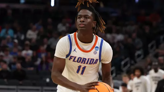 Denzel Aberdeen during the Gators' game against the Colorado Buffaloes in the first round of the NCAA Tournament on Friday, March 22, 2024 at Gainbridge Fieldhouse in Indianapolis, IN / UAA Communications photo by Maddie Washburn