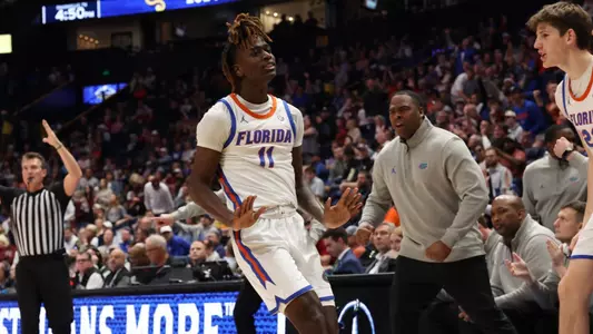 Denzel Aberdeen during the Gators' game against the Texas A&M Aggies in the semifinal round of the SEC Tournament on Saturday, March 16, 2024 at Bridgestone Arena in Nashville, TN / UAA Communications photo by Maddie Washburn