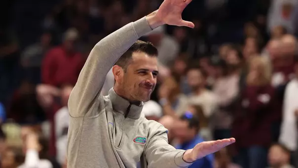 Todd Golden during the Gators' game against the Texas A&M Aggies in the semifinal round of the SEC Tournament on Saturday, March 16, 2024 at Bridgestone Arena in Nashville, TN / UAA Communications photo by Maddie Washburn