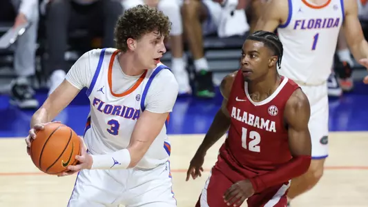 Micah Handlogten during the Gators' game against the Alabama Crimson Tide on senior night on Tuesday, March 5, 2024 at Exactech Arena at the Stephen C. O'Connell Center in Gainesville, FL / UAA Communications photo by Maddie Washburn
