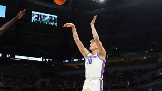 Thomas Haugh during the Gators' game against the Colorado Buffaloes in the first round of the NCAA Tournament on Friday, March 22, 2024 at Gainbridge Fieldhouse in Indianapolis, IN / UAA Communications photo by Maddie Washburn