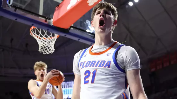 Alex Condon during the Gators' game against the Alabama Crimson Tide on senior night on Tuesday, March 5, 2024 at Exactech Arena at the Stephen C. O'Connell Center in Gainesville, FL / UAA Communications photo by Maddie Washburn