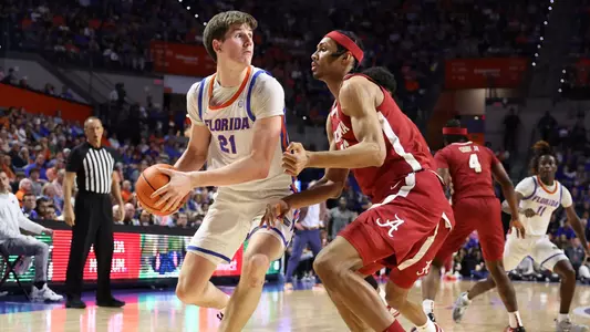 Alex Condon during the Gators' game against the Alabama Crimson Tide on senior night on Tuesday, March 5, 2024 at Exactech Arena at the Stephen C. O'Connell Center in Gainesville, FL / UAA Communications photo by Maddie Washburn