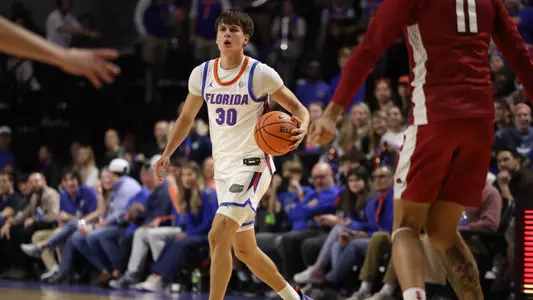 Kajus Kublickas during the Gators' game against the Arkansas Razorbacks on Saturday, January 13, 2024 at Exactech Arena at the Stephen C. O'Connell Center in Gainesville, FL / UAA Communications photo by Bryce Mitchell