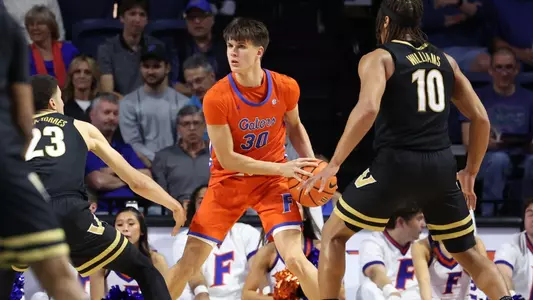 Kajus Kublickas during the Gators' game against the Vanderbilt Commandors on Saturday, February 24, 2024 at Exactech Arena at the Stephen C. O'Connell Center in Gainesville, FL / UAA Communications photo by Maddie Washburn