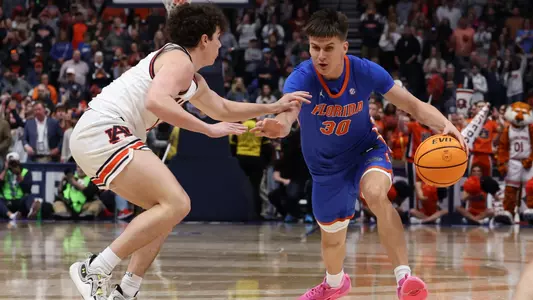 Kajus Kublickas during the Gators' game against the Auburn Tigers in the champtionships game of the SEC Tournament on Sunday, March 17, 2024 at Bridgestone Arena in Nashville, TN / UAA Communications photo by Maddie Washburn