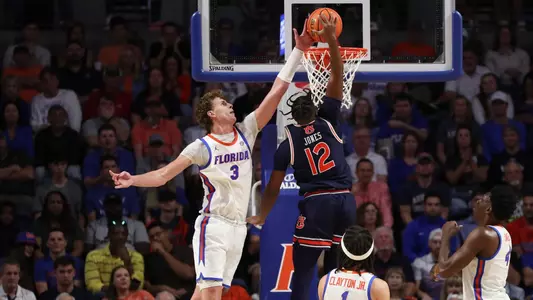 Micah Handlogten during the Gators' game against the Auburn Tigers on Saturday, February 10, 2024 at Exactech Arena at the Stephen C. O'Connell Center in Gainesville, FL / UAA Communications photo by Bryce Mitchell