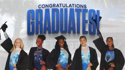 2024 spring gymnastics graduates - Chloi Clark (left), Trinity Thomas, Michala Magee, Ellie Lazzari and Bri Edwards