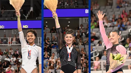 Skye Blakely (left), Kayla DiCello and Leanne Wong at 2024 Xfinity U.S. Championships 240602