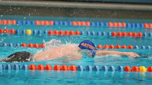 during the Gators' meet against the Nova Southeastern Sharks on Thursday, February 1, 2024 at the Stephen C. O?Connell Center Natatorium in Gainesville, FL / UAA Communications photo by Emma Bissell