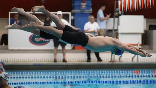 during the Gators' meet against the Nova Southeastern Sharks on Friday, February 2, 2024 at the Stephen C. O’Connell Center Natatorium in Gainesville, FL / UAA Communications photo by Mallory Peak