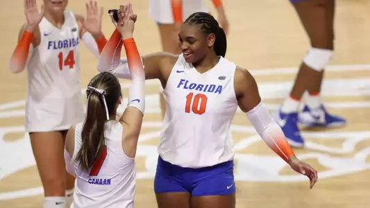 during the Gators' match against the Arkansas Razorbacks on Sunday, October 29, 2023 at Exactech Arena at the Stephen C. O'Connell Center in Gainesville, Fla. / UAA Communications photo by Emma Bissell