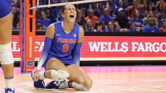 during the Gators' match against the Wisconsin Badgers on Sunday, September 17, 2023 at Exactech Arena at the Stephen C. O'Connell Center in Gainesville, Fla. / UAA Communications photo by Ashley Ray