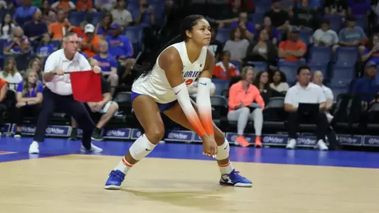 during the Gators' match against the Stetson University Hatters on Sunday, August 20, 2023 at Exactech Arena at the Stephen C. O'Connell Center in Gainesville, Fla. / UAA Communications photo by Gabriella Whisler