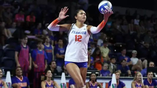 during the Gators' match against the Stetson University Hatters on Sunday, August 20, 2023 at Exactech Arena at the Stephen C. O'Connell Center in Gainesville, Fla. / UAA Communications photo by Gabriella Whisler