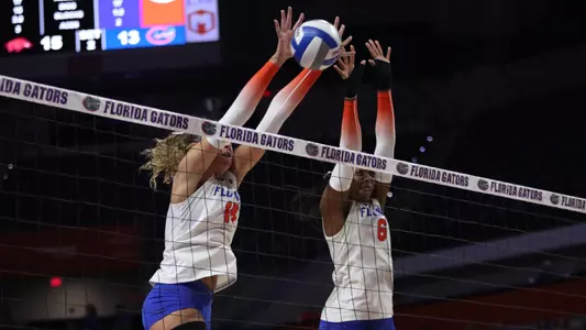 during the Gators' match against the Arkansas Razorbacks on Sunday, October 29, 2023 at Exactech Arena at the Stephen C. O'Connell Center in Gainesville, Fla. / UAA Communications photo by Kitty Stoll