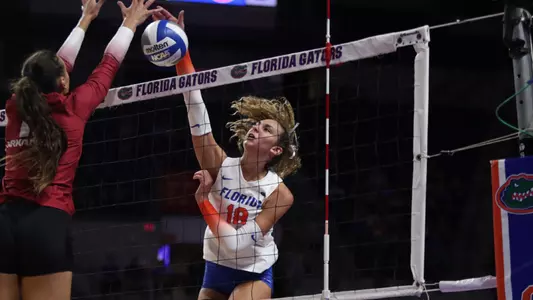 during the Gators' match against the Arkansas Razorbacks on Sunday, October 29, 2023 at Exactech Arena at the Stephen C. O'Connell Center in Gainesville, Fla. / UAA Communications photo by Kitty Stoll