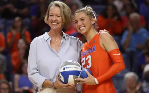 during the Gators' match against the LSU Tigers on Friday, November 10, 2023 at Exactech Arena at the Stephen C. O'Connell Center in Gainesville, Fla. / UAA Communications photo by Gabriella Whisler