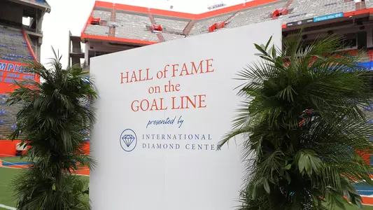 large sign for Hall of Fame on the Goal Line placed between two palms on the field in The Swamp