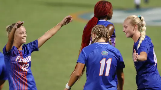 Gators celebrate Sophie White's goal vs UCF 240825
