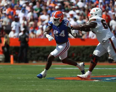 during the Gators' game against the Miami Hurricanes on Saturday, August 31, 2024 at Ben Hill Griffin Stadium in Gainesville, Fla. / UAA Communications photo by Bryce Mitchell