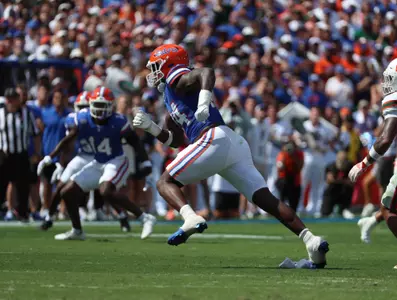 during the Gators' game against the Miami Hurricanes on Saturday, August 31, 2024 at Ben Hill Griffin Stadium in Gainesville, Fla. / UAA Communications photo by Bryce Mitchell
