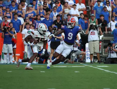 during the Gators' game against the Miami Hurricanes on Saturday, August 31, 2024 at Ben Hill Griffin Stadium in Gainesville, Fla. / UAA Communications photo by Bryce Mitchell