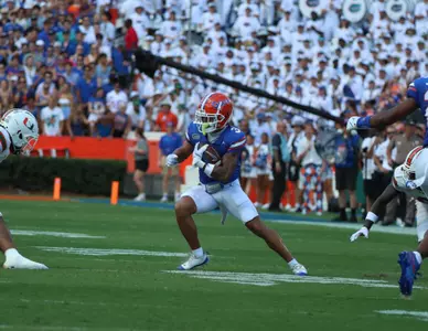 during the Gators' game against the Miami Hurricanes on Saturday, August 31, 2024 at Ben Hill Griffin Stadium in Gainesville, Fla. / UAA Communications photo by Bryce Mitchell