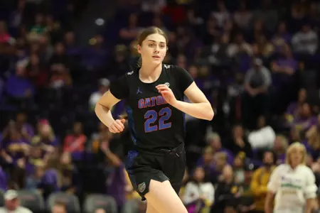 during the Gators' game against the Louisiana State Tigers on Sunday, February 4, 2024 at Pete Maravich Assembly Center in Baton Rouge, LA / UAA Communications photo by Mallory Peak