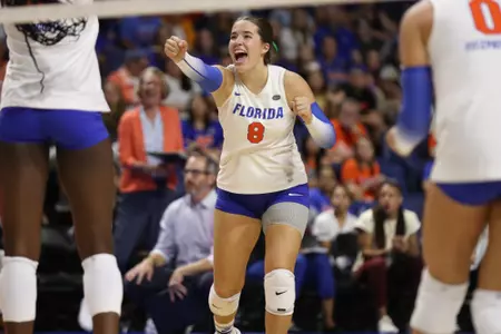 during the Gators' match against the USF Bulls on Friday, September 6, 2024 at Exactech Arena at the Stephen C. O'Connell Center in Gainesville, Fla. / UAA Communications photo by Jordan Perez