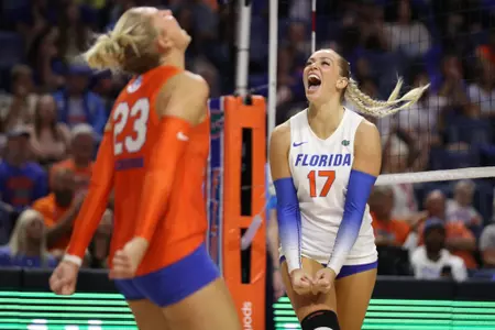 during the Gators' match against the USF Bulls on Friday, September 6, 2024 at Exactech Arena at the Stephen C. O'Connell Center in Gainesville, Fla. / UAA Communications photo by Jordan Perez