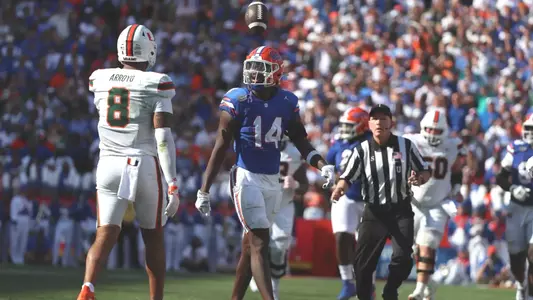 during the Gators' game against the Miami Hurricanes on Saturday, August 31, 2024 at Ben Hill Griffin Stadium in Gainesville, Fla. / UAA Communications photo by Bryce Mitchell
