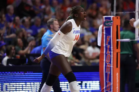 during the Gators' match against the Bears on Sunday, September 14, 2025 at Exactech Arena at the Stephen C. O'Connell Center in Gainesville, Fla. / UAA Communications photo by Jordan Perez