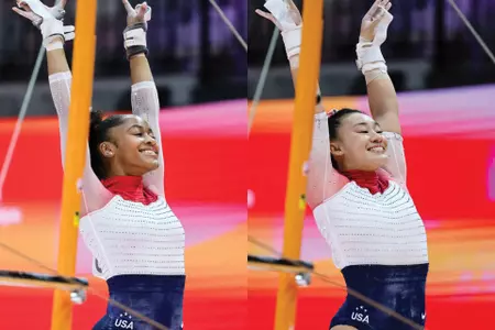 Skye Blakely (left) and Leanne Wong - 251021 World Championships qualification