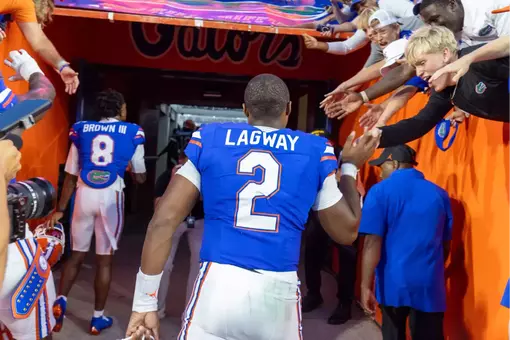 University of Florida quarterback DJ Lagway leaves Florida Field following a 29-21 win over Texas on Oct. 4, 2025.