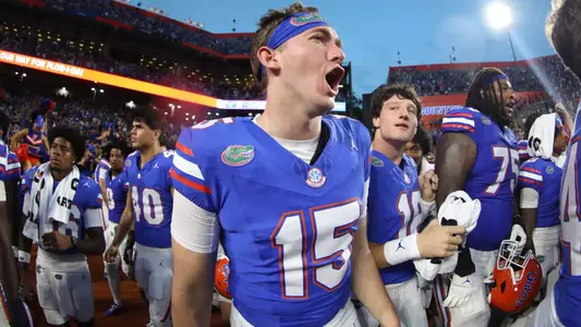 during the Gators' game against the Longhorns on Saturday, October 4, 2025 at Ben Hill Griffin Stadium in Gainesville, Fla. / UAA Communications photo by Jordan Perez