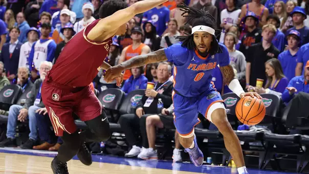during the Gators' game against the Florida State Seminoles on Tuesday, November 11, 2025 at Exactech Arena at the Stephen C. O'Connell Center in Gainesville, FL / UAA Communications photo by Maddie Washburn