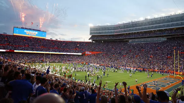 fans cheer the Gators victory over Texas in The Swamp